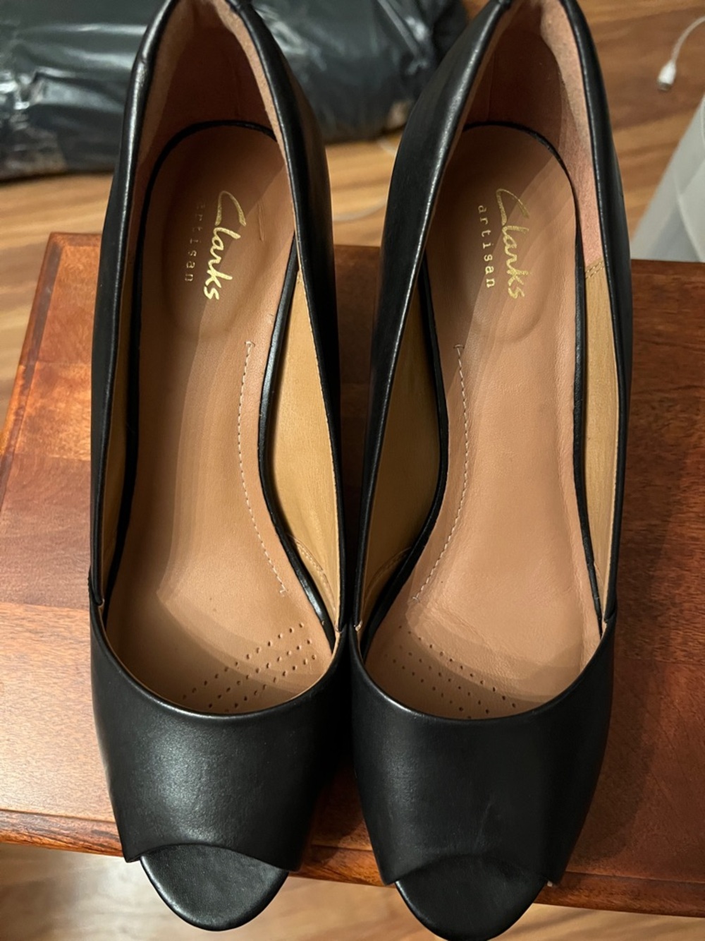 Clarks Black Leather Peep-Toe Heels
